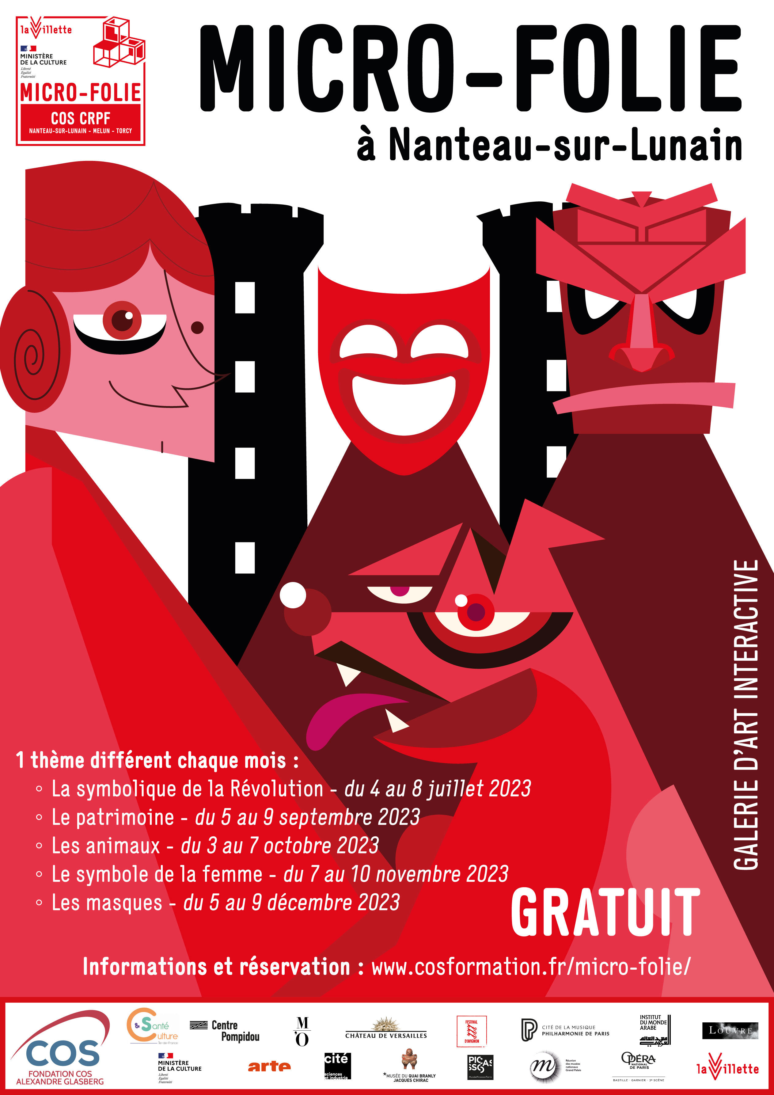 Micro-Folie COS CRPF - juillet - décembre 2023 affiche de couleur rouge composée d'illustrations représentant de manière artistique deux masques, une femme, un atiment et un chien