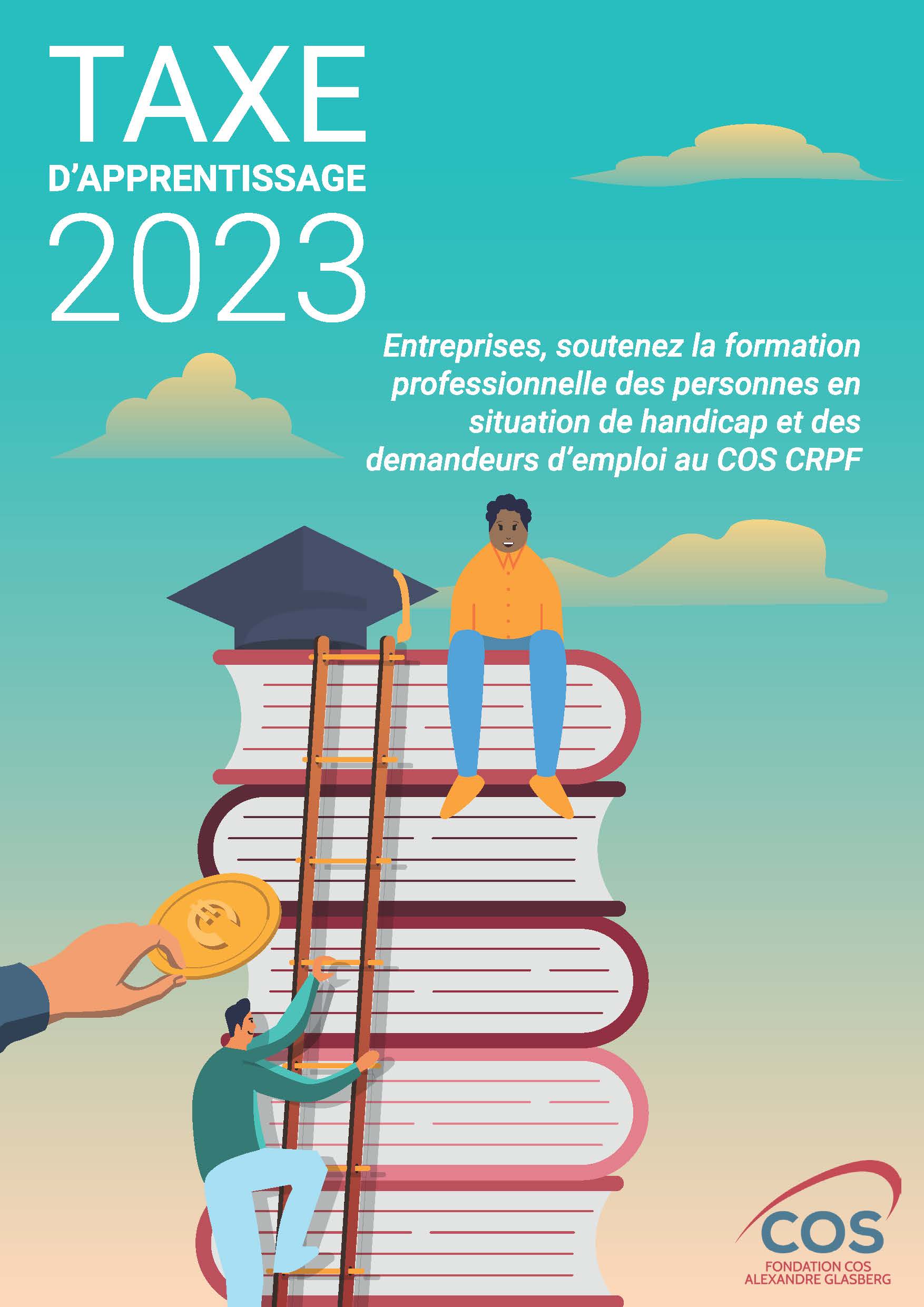 FLYER Taxe apprentissage COS CRPF illustration représentant une échelle sur des livres et des personnages qui montent dessus