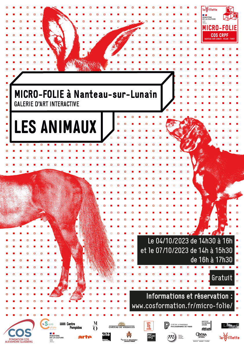 Micro folie Les animaux affiche rouge présentant des bout d'animaux, chien, cheval et oiseau