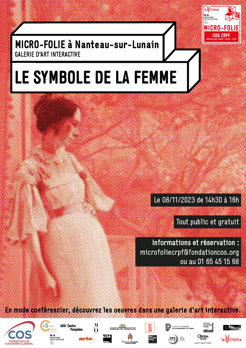 Affiche rouge, extrait d'une peinture, avec une femme sur le côté gauche, habillée dans les années 1900 gauche adossée à un mur Affiche Micro-Folie Le symbole de la femme