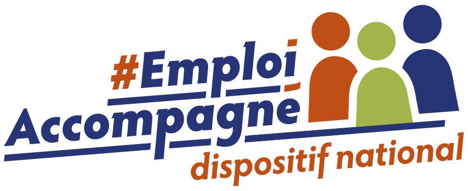Emploi Accompagné logo emploi accompagné - 3 personnes représentées en 3 couleurs différentes
