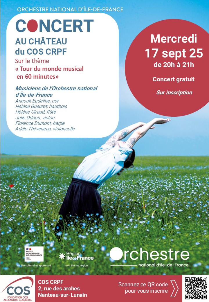 Concert de musique de chambre au Château du COS CRPF Affiche avec une personne debout dans un champ fleuri, bras levés. Fond bleu ciel. Texte d’annonce dans un encadré blanc à gauche et un cercle rouge à droite. Logos et QR code en bas.