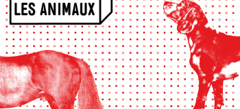 affiche rouge présentant des bout d'animaux, chien, cheval et oiseau