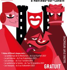affiche de couleur rouge composée d'illustrations représentant de manière artistique deux masques, une femme, un atiment et un chien