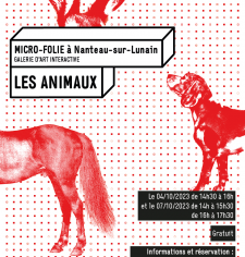 affiche rouge présentant des bout d'animaux, chien, cheval et oiseau